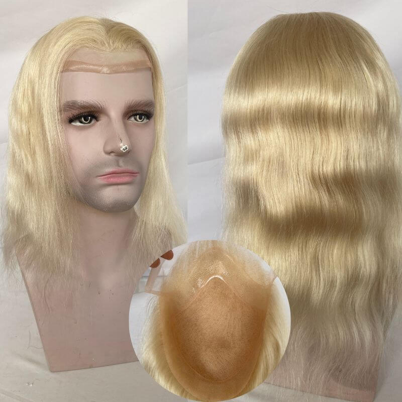 Silk Straight Wave 12 Inch Long Human Hair Toupee for Men 8x10 Hairpieces Human Hair Mens Toupee Mono Net with PU around Ombre Ash Blonde Color