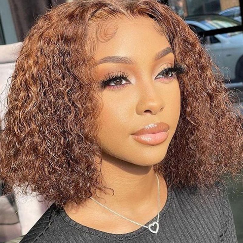 Human Hair Wigs Indian Hair Brown Colored  Curly Lace Front Bob Wig 13x4 Brown Curly Wigs Preplucked