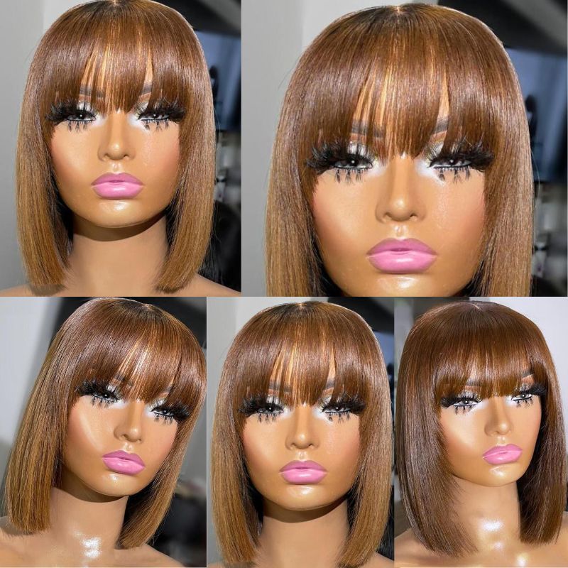 Bob Colored Human Hair Wigs For Women Brazilian Brown  Bob Wig Lace Front Ombre Human Hair Wig Preplucked with Bangs