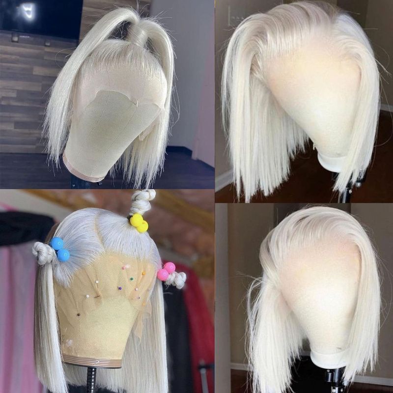 13x4 Bob Lace Wigs Platinum Blonde Colored Human Hair Lace Front Wig 60 Color White 150% Density Bob Wig