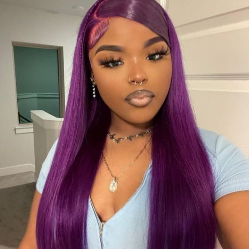 HD Lace Frontal Wig Ombre Grape Purple Colored Cambodian Human Hair Wigs For Women Pre Plucked Straight Glueless Wig