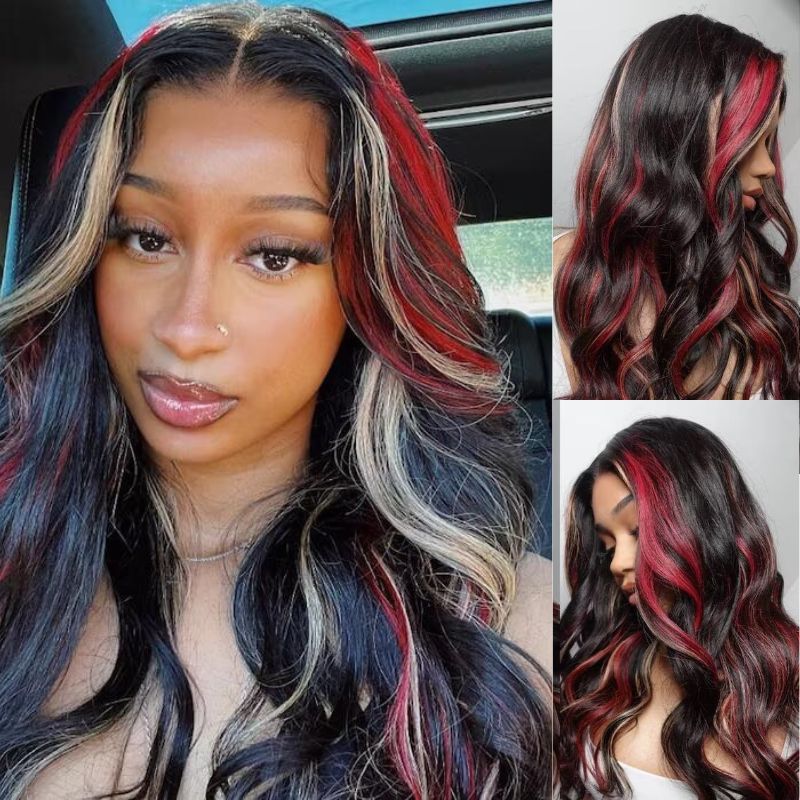 Ombre Red  and  Blond Highlight Wigs HD Lace Front Brazilian Human Hair Wig 13x4 Lace Wigs Pre Plucked Wavy Glueless Wig 150% Density