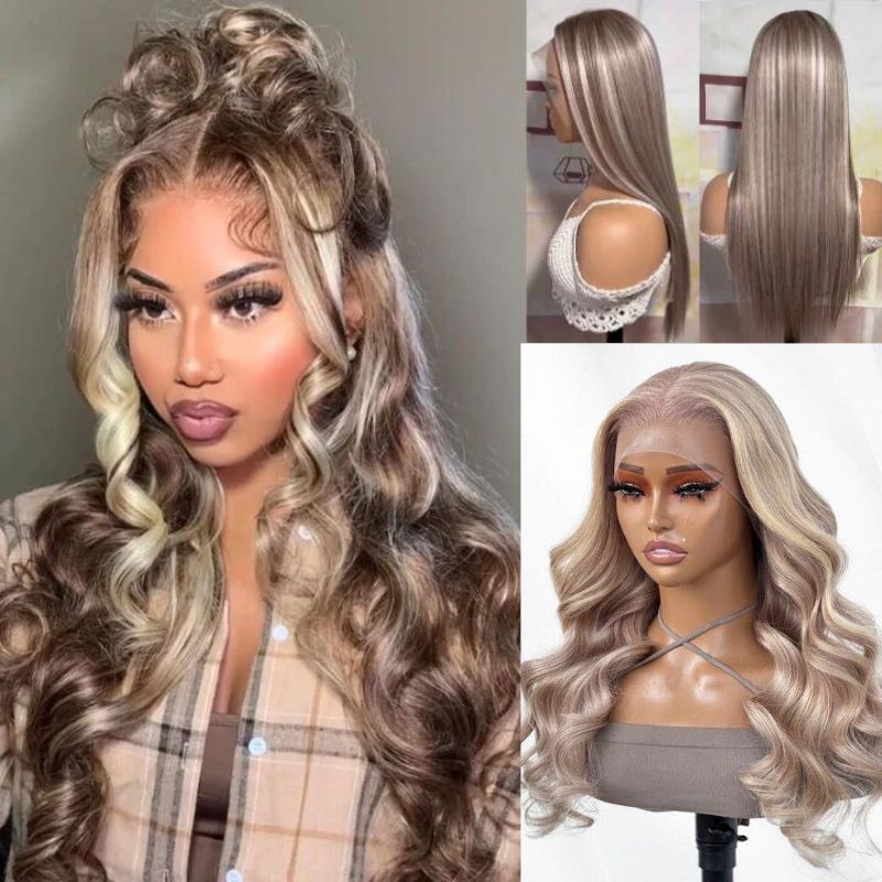 Ash Blonde Balayage Highlight Brazilian Straight Ombre Lace Front Wigs Human Hair Wigs