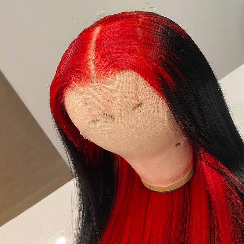 Ombre Lace Front Wig Demon Red & Black Two Tones Long Straight 13x4 Human Hair Lace Wig Colored Human Hair Wigs For Women 150%