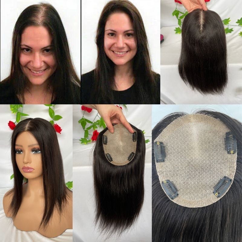 Natural Black Silk Base Human Hair Topper With Clips In Silk Top Virgin European Hair Toupee for Women Hairpiece 13X15cm Silk Base Closure Toupee for Woman