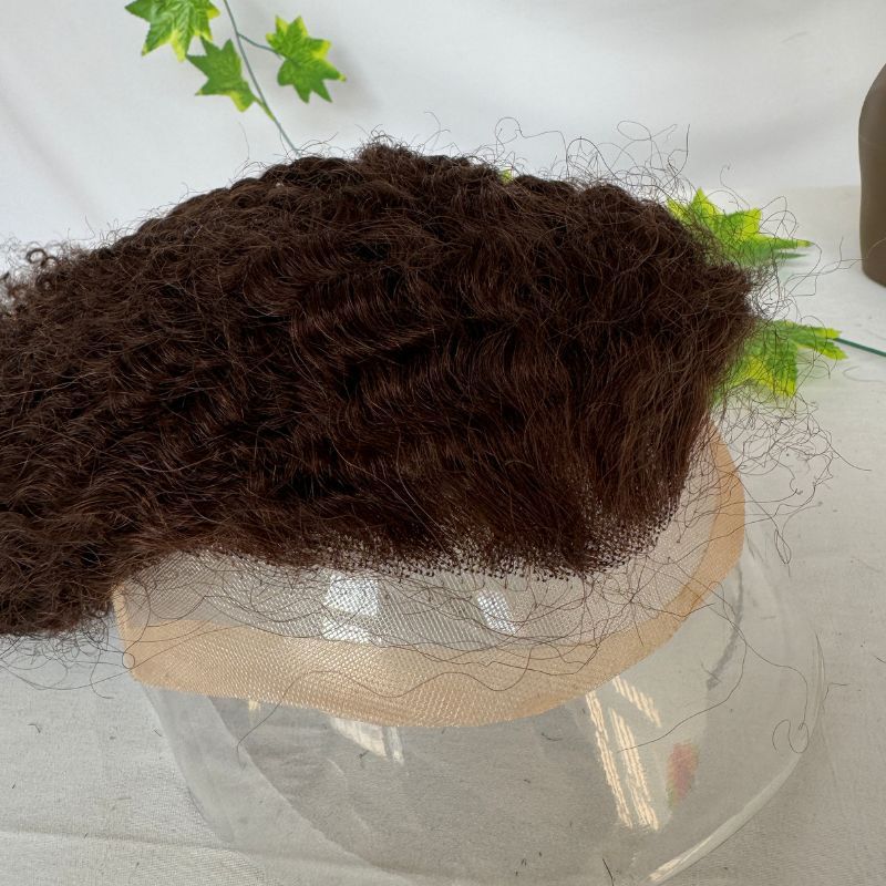 12 Inch Long Kinky Curly Men's Hair 100% Human Hair Toupee for Black Men 8x10 Mono Lace with PU Hair System 3#Brown Hair Replacement