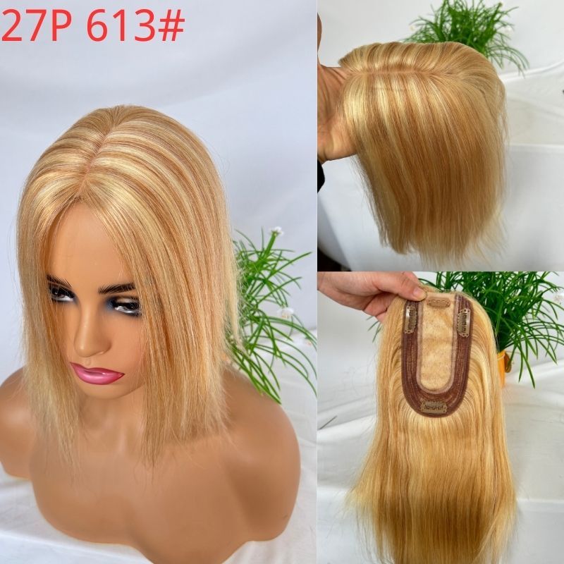 Ombre Light Brown Mixed 613 Blonde Blonde 7x13cm Silk Base Human Hair Topper With Clips In Silk Top 100% European Human Hair Toupee for Women Hairpiece