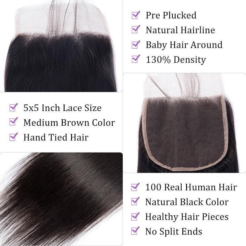 Benita Hair Free Part 5*5 Swiss Lace Closure Bleach Knots Straight Hair Natural Color Lace Closure Piece