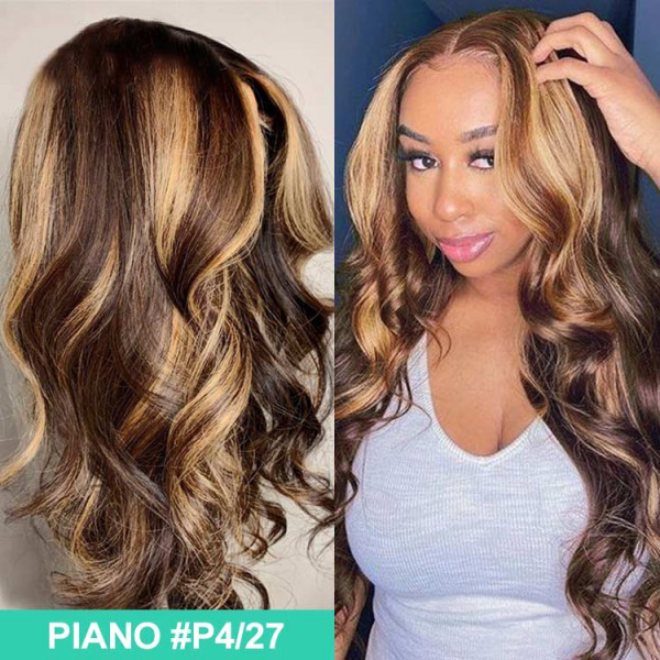 Benita  Hair Dark Brown Color (#4 ) Highlight with Honey Blonde(#27) Color Human Hair Lace Front Wig 150% , 180%, 200%