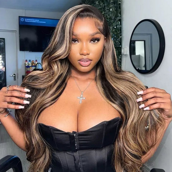 Benita  Hair Highlight  Piano  #1B/27 Color 100% Virgin Human Hair Lace Front Wig 150% , 180%, 200%