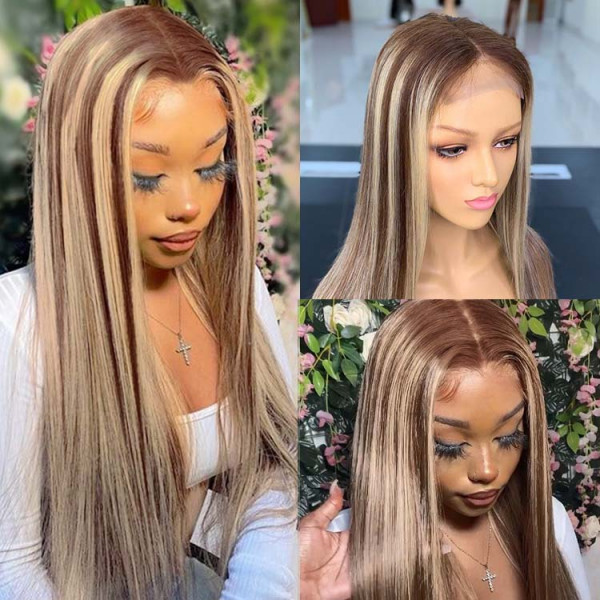 Benita  Hair Ombre Highlight Color Brown with Platinum Blonde (4/613) Quality Virgin Human Hair Clear Lace Front Wig 150% , 180%, 200% 250%