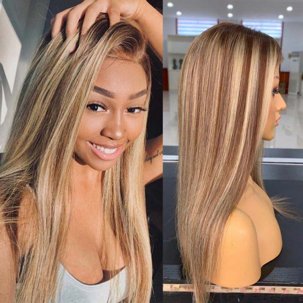 Benita  Hair Ombre Highlight Color Brown with Platinum Blonde (4/613) Quality Virgin Human Hair Clear Lace Front Wig 150% , 180%, 200% 250%