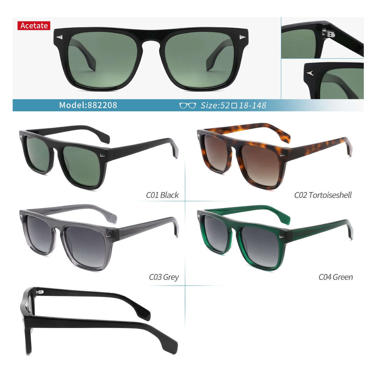 High Quality Strong Hinge Polarized Square Acetate Sunglasses