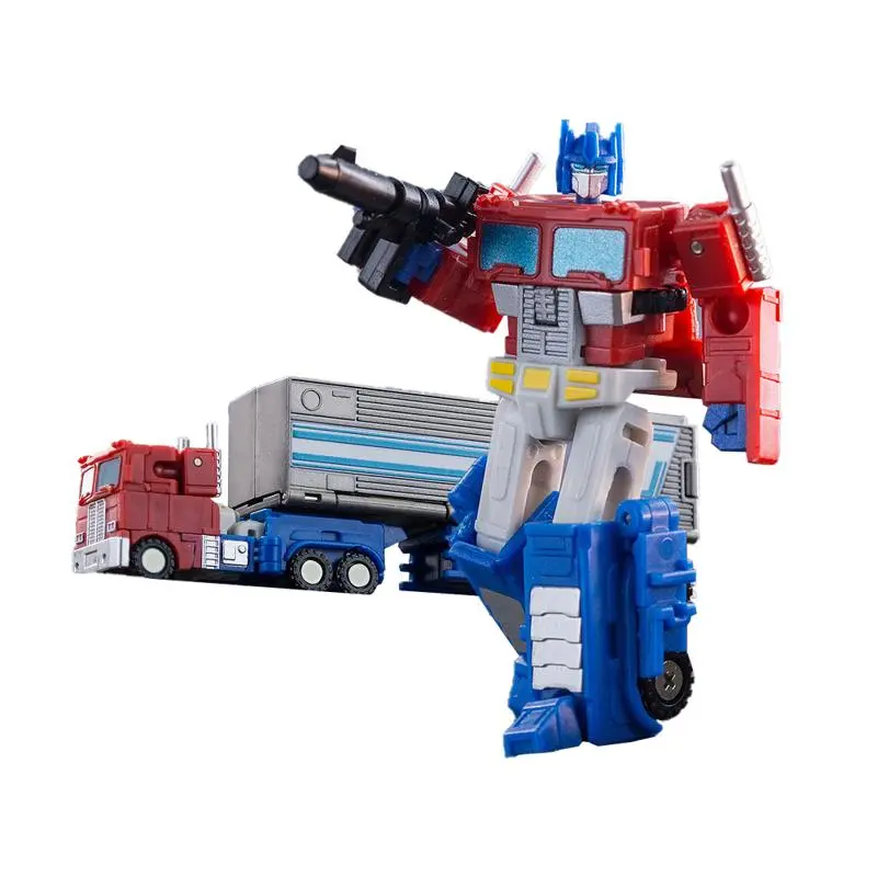 Optimus Prime holds a gun, and behind him is Optimus Prime's van in the form of a car.