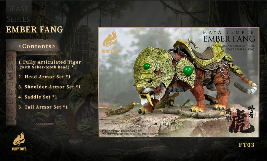 The contents included in the Deluxe Edition of Fury Toys Beast Series Maya Temple Tiger.