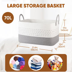 CHERISHGARD Large Woven Storage Basket, 21.65”x16.93”x11.81” Rectangle Cotton Rope Basket, 70L Capacity for Blankets, Toys, Clothes Organizing with Handles