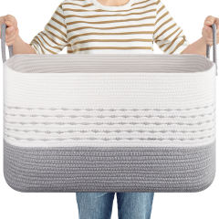 CHERISHGARD Large Woven Storage Basket, 21.65”x16.93”x11.81” Rectangle Cotton Rope Basket, 70L Capacity for Blankets, Toys, Clothes Organizing with Handles