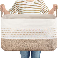 CHERISHGARD Large Woven Storage Basket, 21.65”x16.93”x11.81” Rectangle Cotton Rope Basket, 70L Capacity for Blankets, Toys, Clothes Organizing with Handles