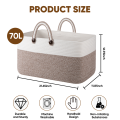 CHERISHGARD Blanket Basket 70L Rectangle Rope Baskets for Storage, Cotton Rope Basket for Bedroom Livingroom Washingroom