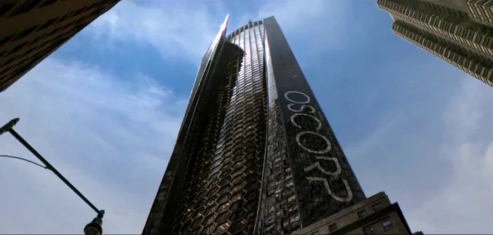 The Oscorp Tower in the Amazing Spider-Man movie.
