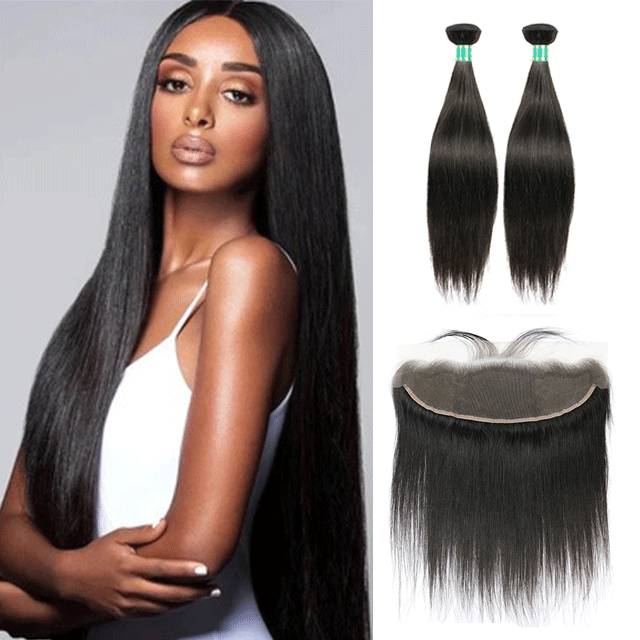 Berrys Fashion Hair Straight 2 Bundles + 1 Frontal,100% Virgin Human Hair with Bleacked Knots,No Tangle No Shedding