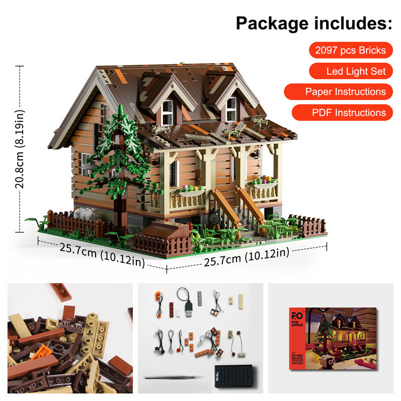 FUNWHOLE FH9001 Creator Modular Buildings Wood Cabin with Light parts Building Blocks 2097pcs Bricks Toys From China