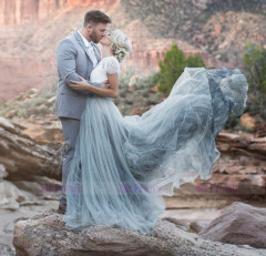 Blue Grey Long Tulle Bridal Skirt 2 Pieces Wedding Gown