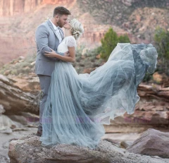 Blue Grey Long Tulle Bridal Skirt 2 Pieces Wedding Gown