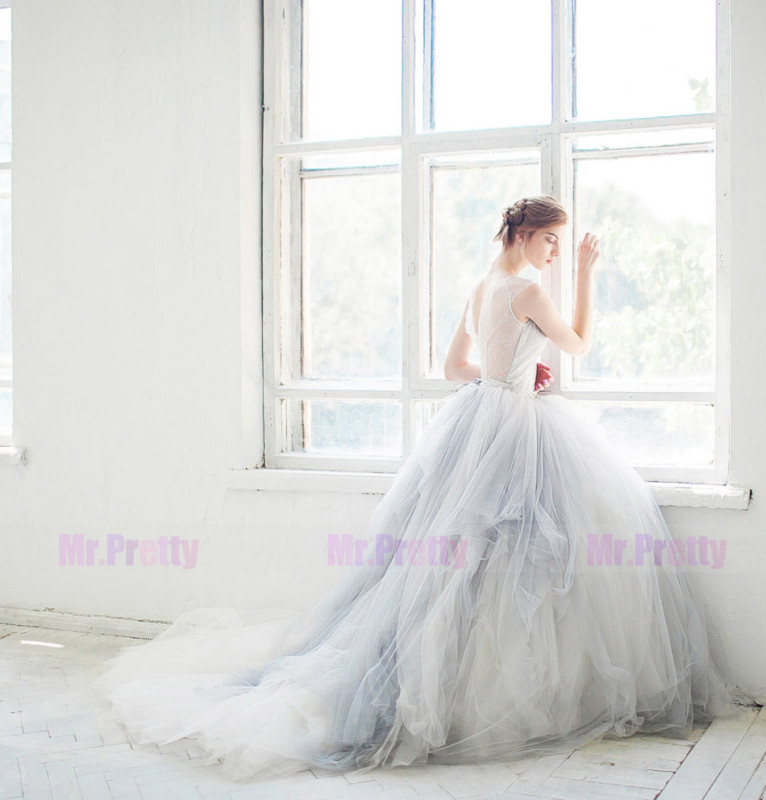 Grey Tulle Long Train Wedding Skirt 2 Pieces Bridal Gown