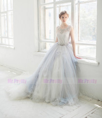 Grey Tulle Long Train Wedding Skirt 2 Pieces Bridal Gown