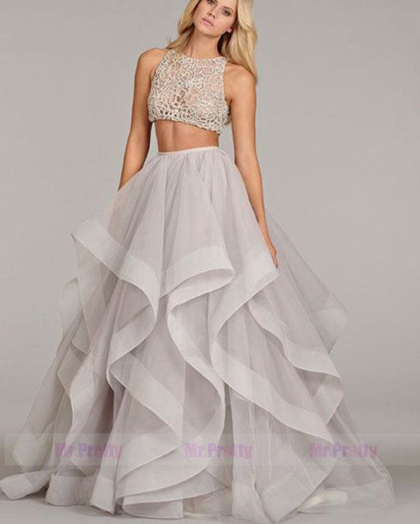 Grey Organza Full Legnth Bridal Skirt 2 Pieces Prom Dress