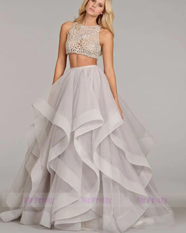 Grey Organza Full Legnth Bridal Skirt 2 Pieces Prom Dress