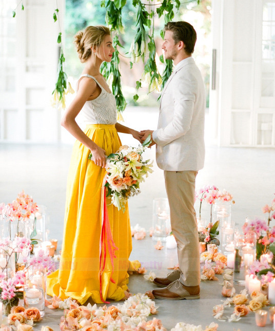 Yellow Satin Short Train Skirt Bridal Skirt