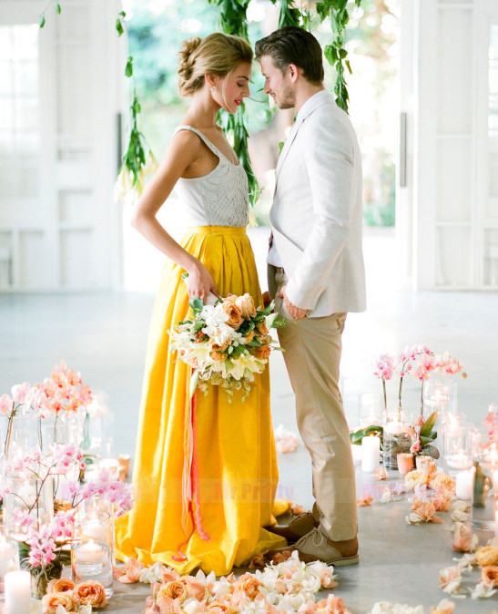 Yellow Satin Short Train Skirt Bridal Skirt