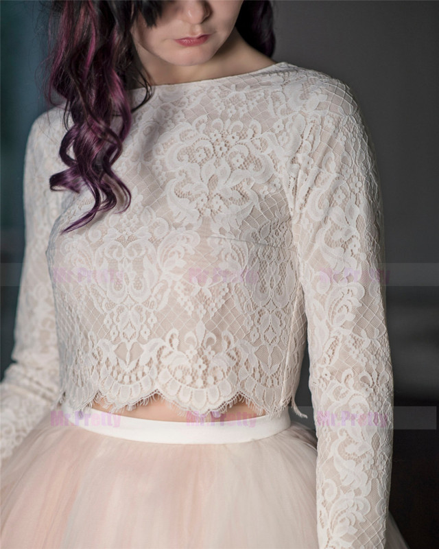 Champagne Lace Tulle Long Sleeve Wedding Top