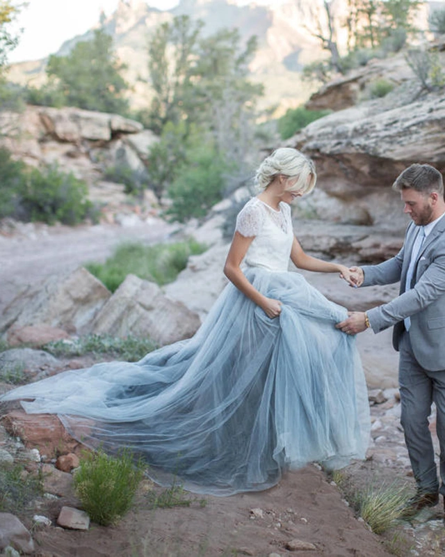 Blue Grey Long Tulle Bridal Skirt 2 Pieces Wedding Gown