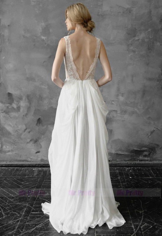 Ivory Lace V Neck Chiffon Bridal Dress Beach Bridal Gown