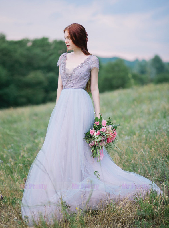 Lavender /Mauve Beaded Tulle Full Length Bridal Dress