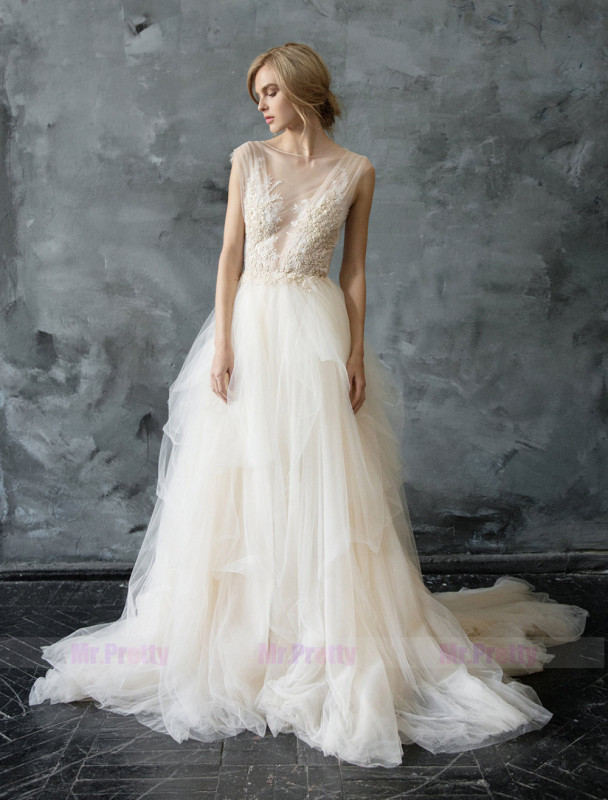 Ivory Lace Tulle Long Train  Bridal Dress V Back Wedding Dress