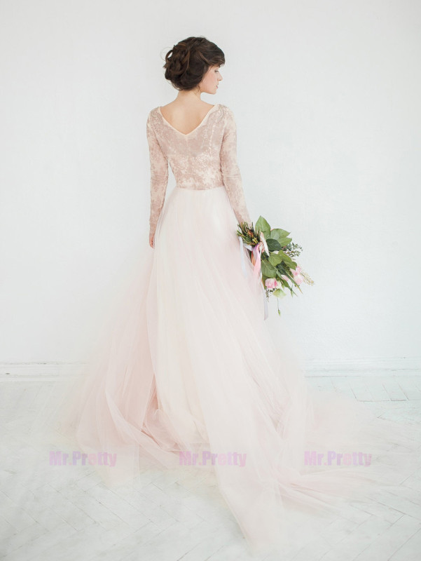 Mauve Lace Long Sleeve Beaded Lace Tulle Bridal Dress