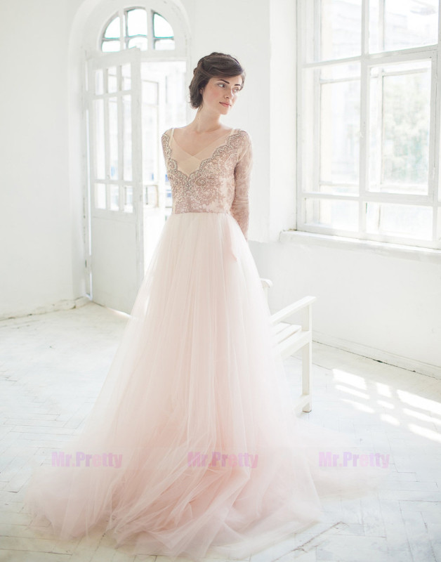 Champagne Lace Tulle Long Sleeve Wedding Top