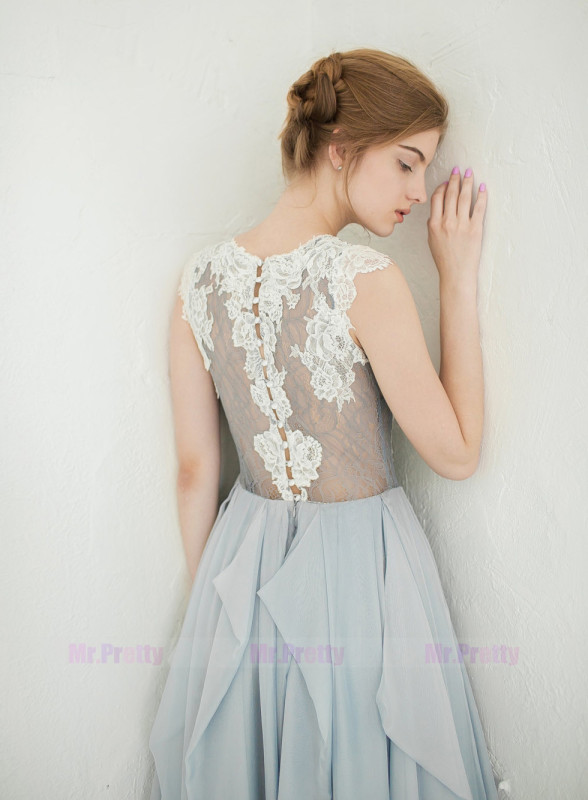 Grey Blue Chiffon Bridal Dress Wedding Gown