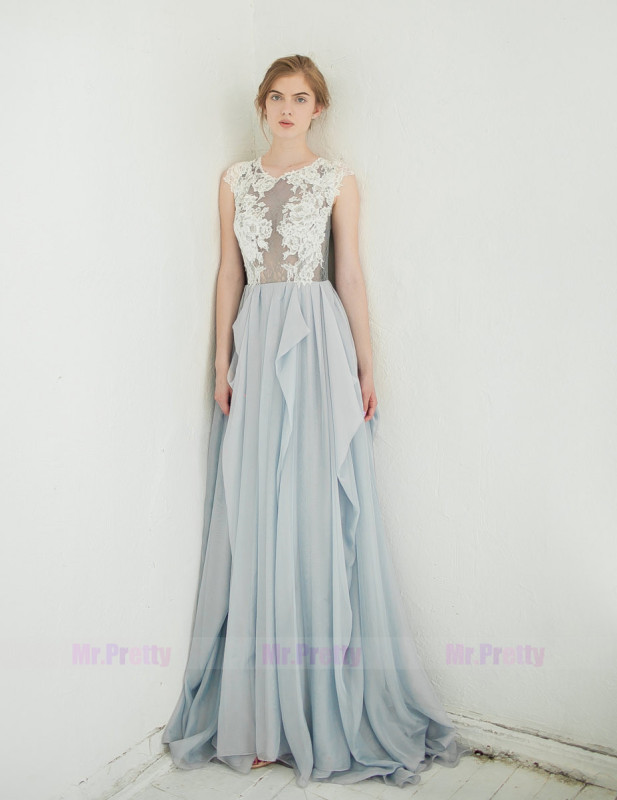 Grey Blue Chiffon Bridal Dress Wedding Gown