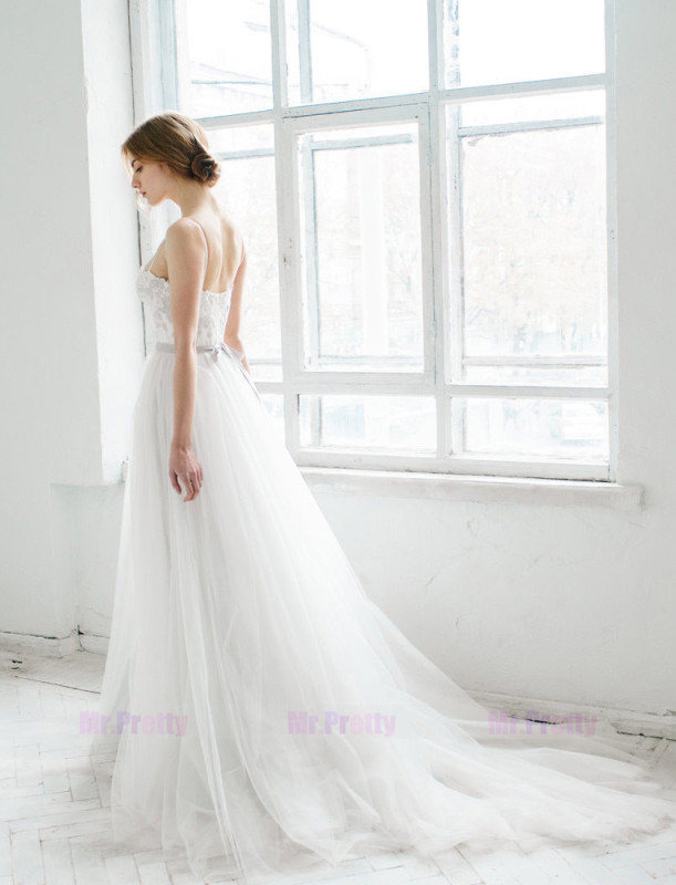 Ivory Lace Light Grey Tulle Bridal Dress