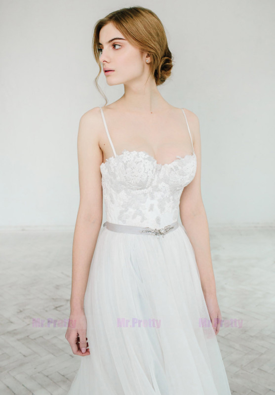 Ivory Lace Light Grey Tulle Bridal Dress