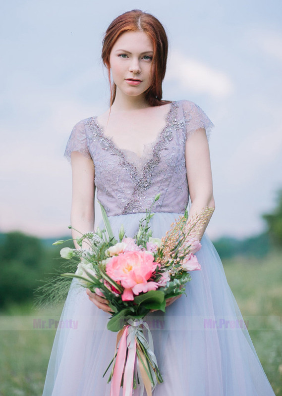 Lavender /Mauve Beaded Tulle Full Length Bridal Dress