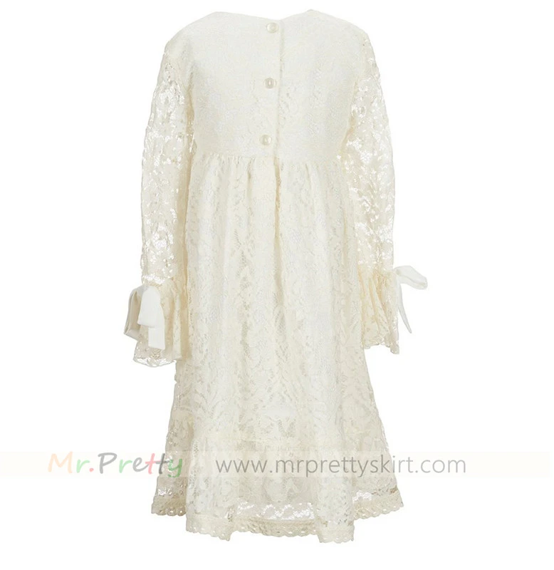 long Sleeve Cream Flower Girls Dress