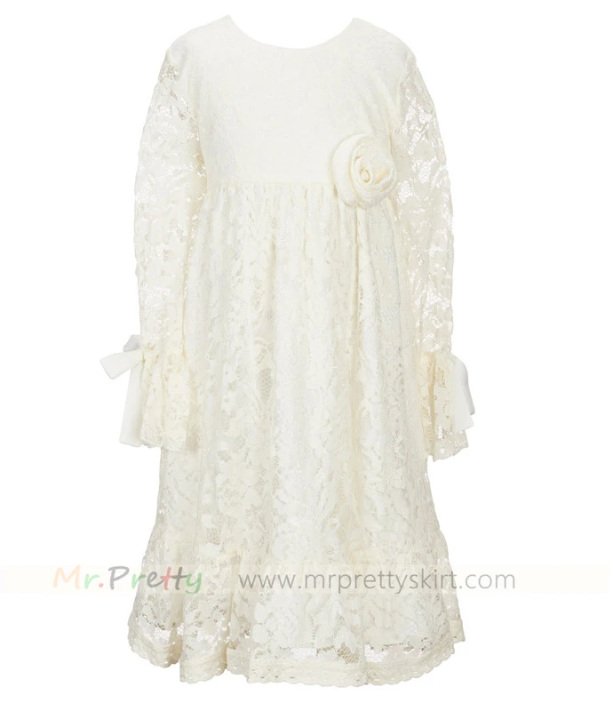 long Sleeve Cream Flower Girls Dress