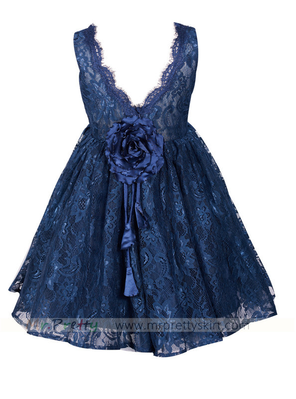 Navy Blue Lace Flower Girls Dress