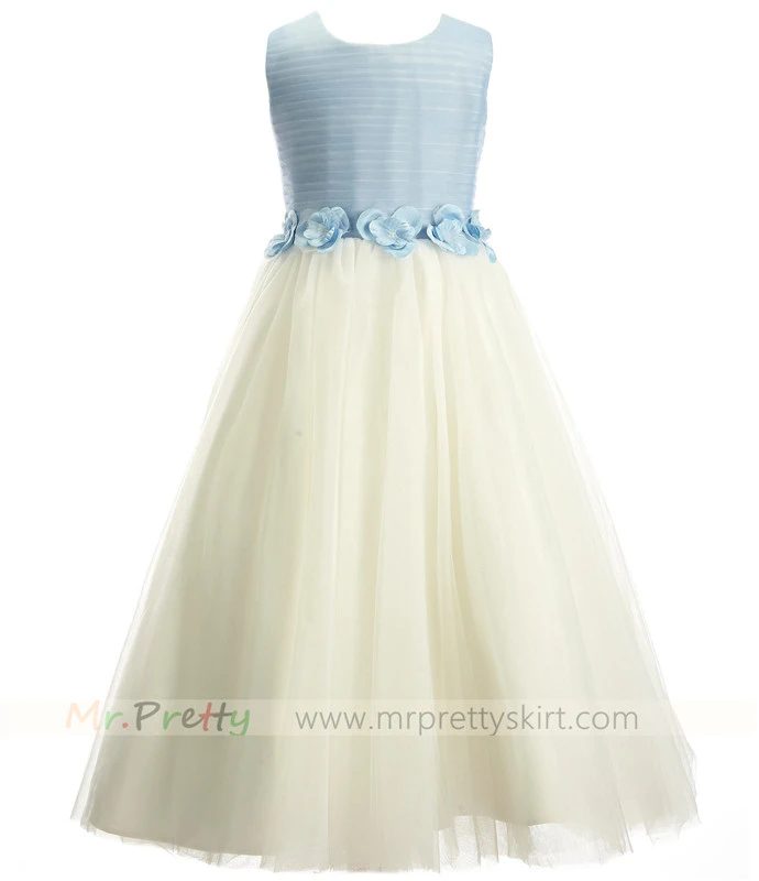 Blue Cream Tulle Flower Girls Dress